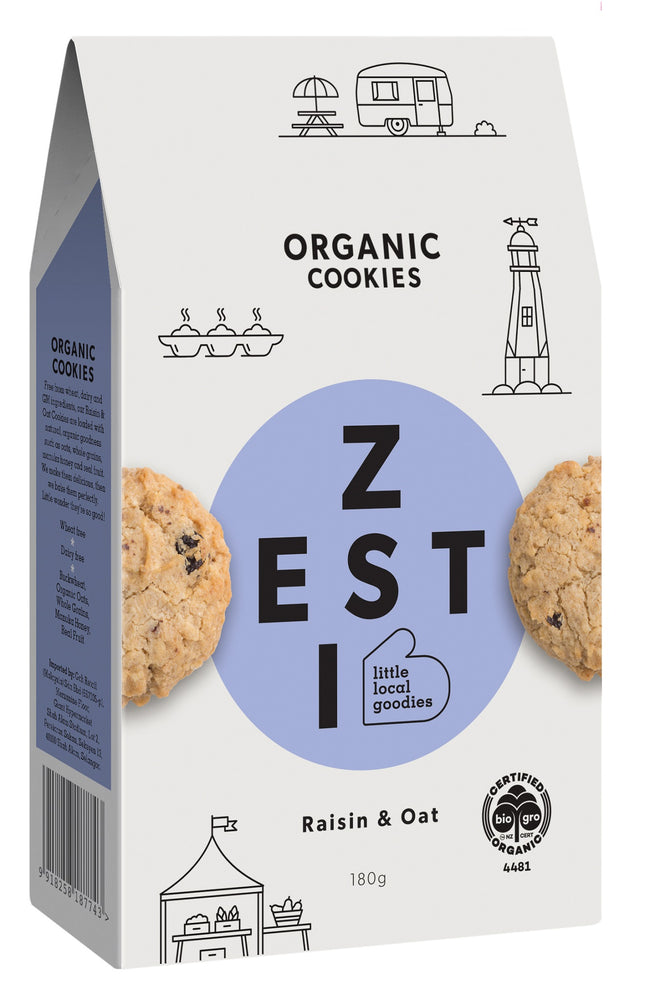Zesti Organic Cookies Raisin & Oat Light blue spot