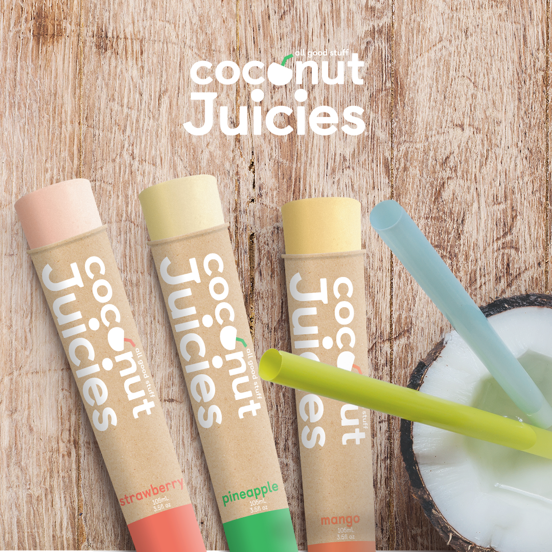 Coconut Juicies with Coconut, straw and logo