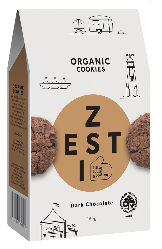 Zesti Organic Cookies Dark Chocolate Brown Spot.