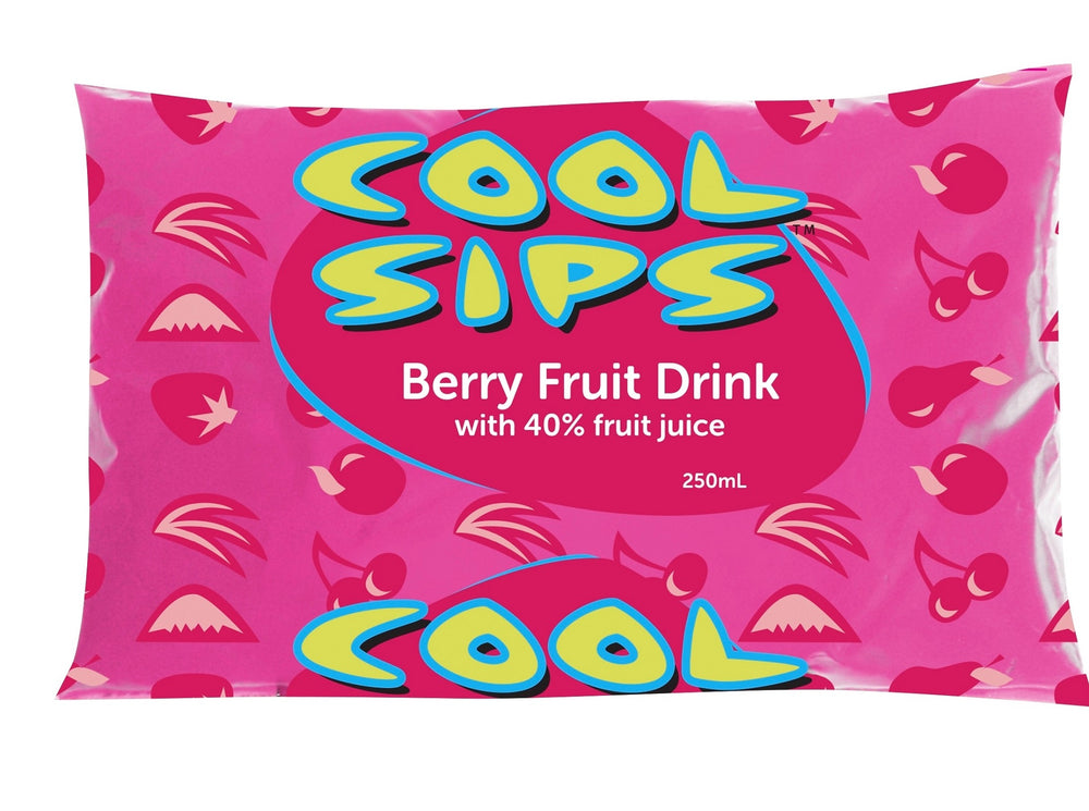 Pink sachet of Cool Sips Berry Fruit Drink. 90's packaging design.