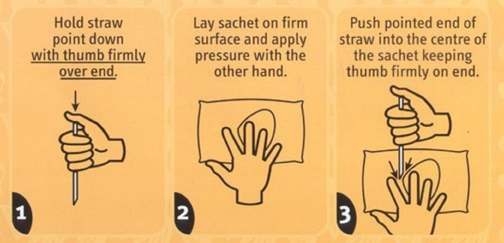 
            
                Load image into Gallery viewer, Instructions how to drink Cool Sips. 1. Hold straw point down with thumb firmly over end. 2. Lay sachet on firm surface and apply pressure with the other hand. 3. Push pointed end of straw into the centre of the sachet keeping thumb firmly on end.
            
        