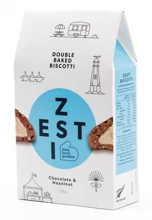 Zesti Double Baked Biscotti Blue spot Chocolate & Hazelnut.